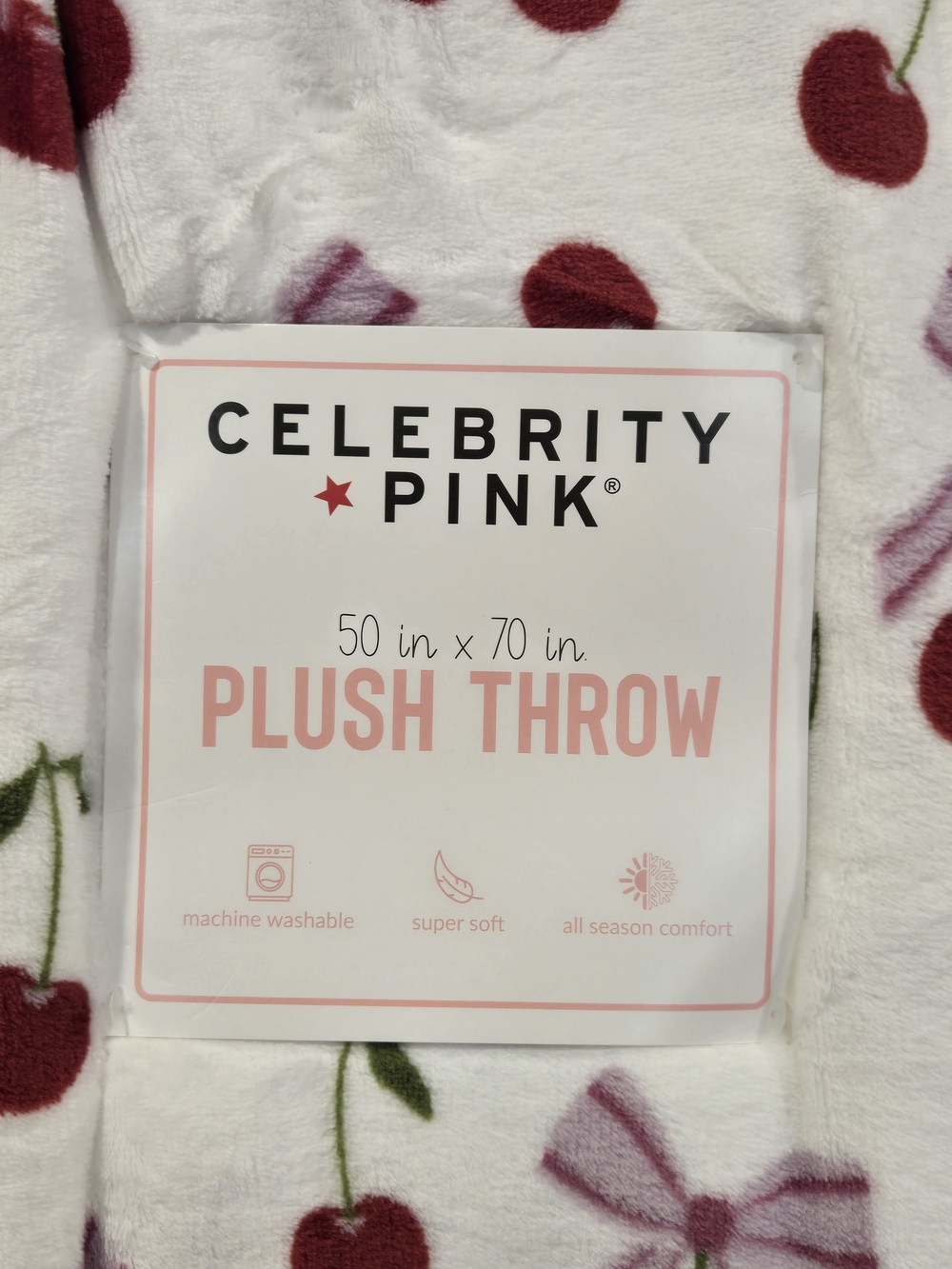 Celebrity Pink White Plush Throw with Red Cherry & Pink Bow Print - Picture 3 of 3